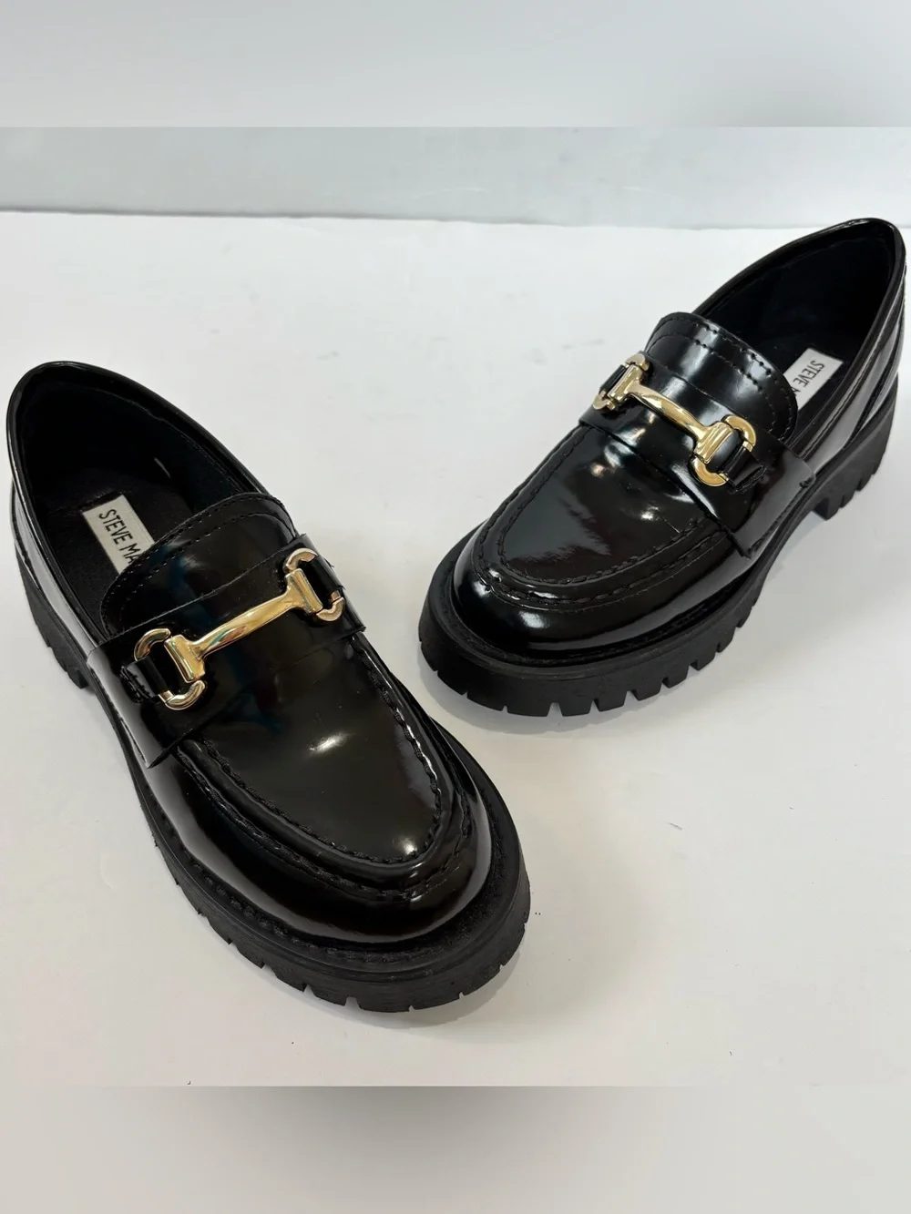 NEW Steve Madden Horsebit Lando Black Patent Chunky Platform Lug Sole Loafer 5.5